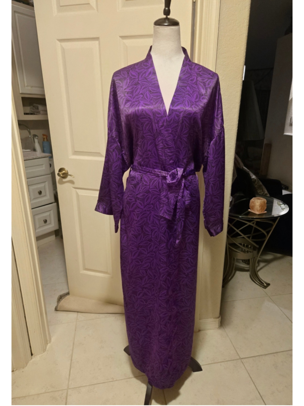 Vintage Jennifer Moore Purple Satin Jacquard Long Kimono Wrap Robe Large